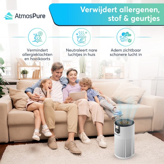 AtmosPure® CleanAir Air Purifier - Purificateur d'air avec filtre HEPA 13 + filtre à charbon remplaçable - CADR 250 m³/h - Blanc - Pour 97 m² - Lutte contre les acariens, le rhume des foins, les allergies, -3 modes + mode sommeil silencieux - Capteur de q