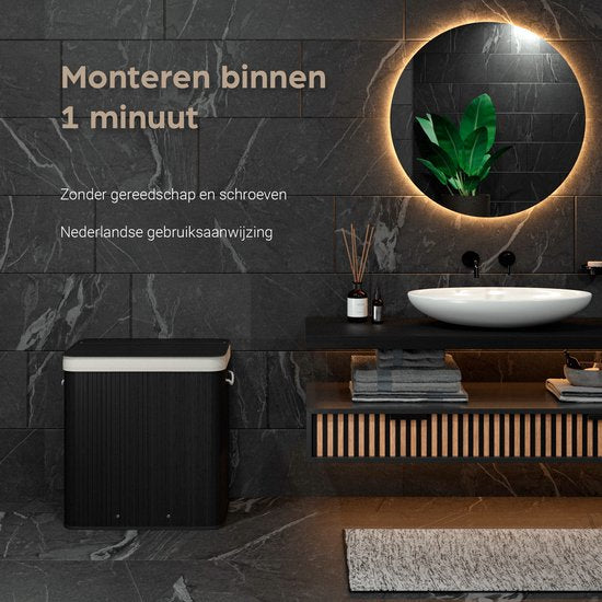 Panier à linge Organess 3 compartiments - Trieur de linge - Panier à linge avec couvercle - Pliable - 150L - Bambou - Noir