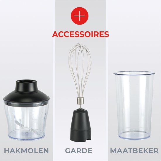 Mixeur plongeant Bourgini - 4 pièces Mixeur plongeant puissant en acier inoxydable - 20 vitesses - Fouet - Hachoir 600ml - Gobelet de mesure 800ml - 1500W