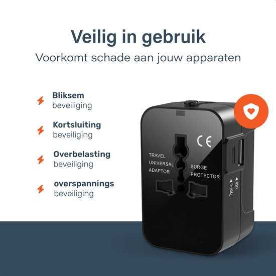 Universal World Plug 150+ Countries - International - Conversion - Travel plug - Adaptateur - Pour l'Amérique, l'Amérique du Sud, l'Angleterre (UK), l'Asie, l'Europe, l'Afrique, l'Italie, la Thaïlande, Curaçao - 2x USB-C et 2x USB-A - Type G, Léger - Skoo