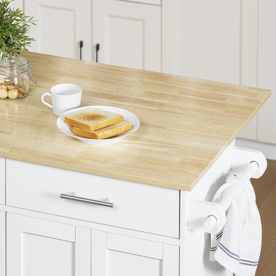 SoBuy FKW129-WN Chariot de cuisine sur roulettes - Ilot de cuisine avec plan de travail coulissant, 2 tiroirs et étagères réglables - Chariot de cuisine mobile ou meuble de table à manger, blanc 113x91x(44-69) cm