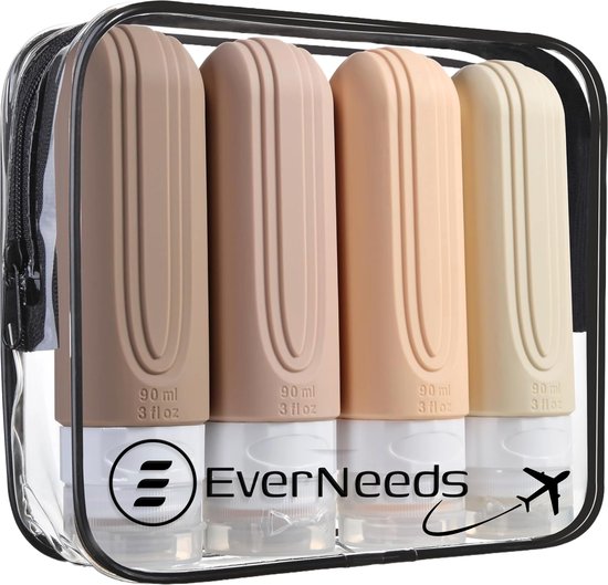 EverNeeds Bouteilles de voyage avec étui - rechargeables - Bouteilles de voyage en silicone pour bagages à main - crème - 4 pièces