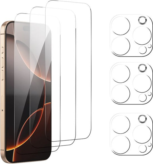 Podec Protecteur d'écran et d'objectif de caméra pour iPhone 16 Pro Max - Verre de protection trempé - Transparent et résistant aux rayures - Couvercle d'écran en verre trempé - 3 + 3 Pièces