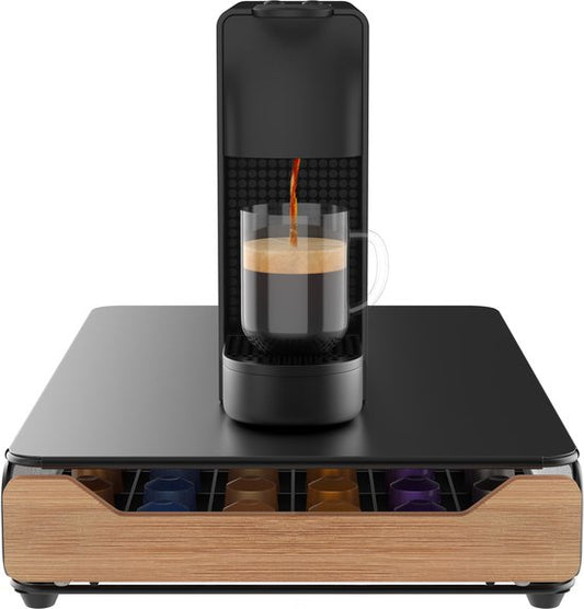 KitchenLove Porte-capsules Nespresso - Porte-tasses - Avec tiroir - Pour tasses à café - 60 tasses - Noir avec bois de bambou