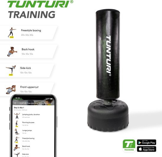 Tunturi Standing Boxing Bag - Bâton de boxe autoportant - Facilement déplaçable - Hauteur 180 cm - Avec base remplissable en sable, gravier ou eau - Noir - Avec application fitness gratuite