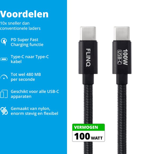FlinQ - 2x USB C to USB C Cable 100W - Chargeur rapide pour Smartphone, Tablette - Câble de données et chargeur - Câble de charge en nylon de 2 mètres de long