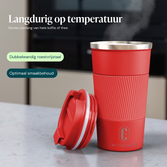 Tasse thermos Castagnola - Tasse à café à emporter - Tasse de voyage pour café et thé - Tasse à thé - 510 ML - acier inoxydable - Rouge