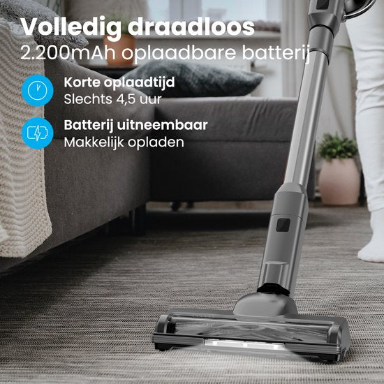 Auronic - Aspirateur-balai sans fil - 220 watts et 23 kpa de puissance d'aspiration - équipé d'une batterie supplémentaire et d'un filtre Hepa lavable - jusqu'à 100 minutes d'utilisation - plastique et métal gris