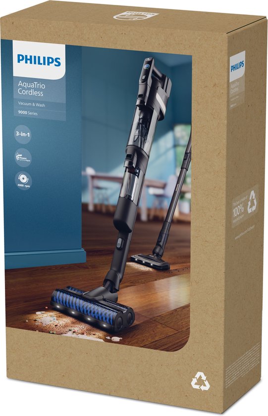 Philips - AquaTrio Cordless 9000 Series - Aspirateur et serpillière - Durée d'utilisation : 116 min - 2 piles incluses (25,2 V) - Sans sac et AquaSpin - Plastique et métal - Noir