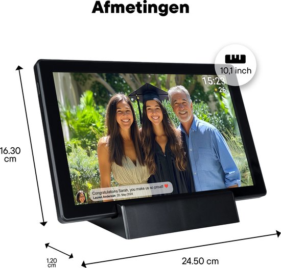 Cadre photo numérique Denver 10,1 pouces - Sans fil - Station de charge incluse - HD - Frameo App - Cadre photo - WiFi - Écran tactile IPS - 16 Go - PFF1070B