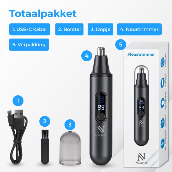 Nuvance Tondeuse à nez - Rechargeable & Rinçage - Tondeuse à nez - Tondeuse à oreilles - Homme & Femme - USB C - Noir