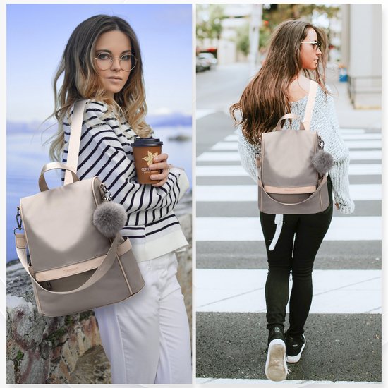 Sac à dos antivol - Sac à dos femmes - Imperméable - Petit - Sac à dos antivol - Dos, Epaule, Sac à main en un - Nylon - avec sangle réglable - Beige - Glennoo