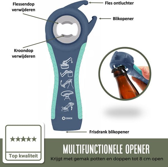 COOCK - Ouvre-tout - Ouvre-pot 7-en-1 - Aides de cuisine - Ouvre-bouteille - Ouvre-bière - Ouvre-couvercle XL pour bocaux - Ouvre-bocal - Aides pour les personnes âgées - Bleu