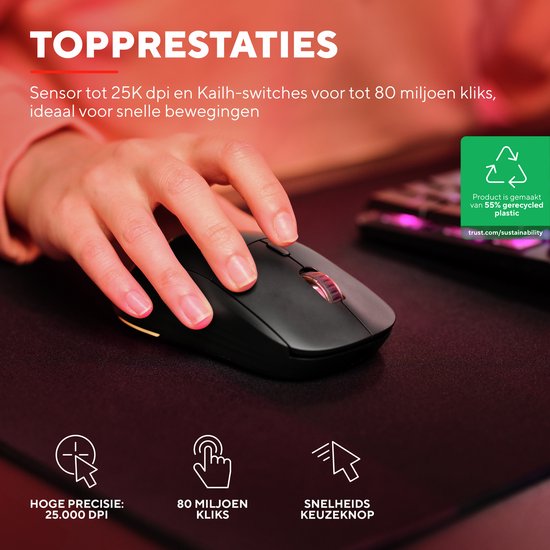 Trust GXT 927 Redex+ - Souris de jeu sans fil - Eclairage RGB - 25600 DPI - Noir