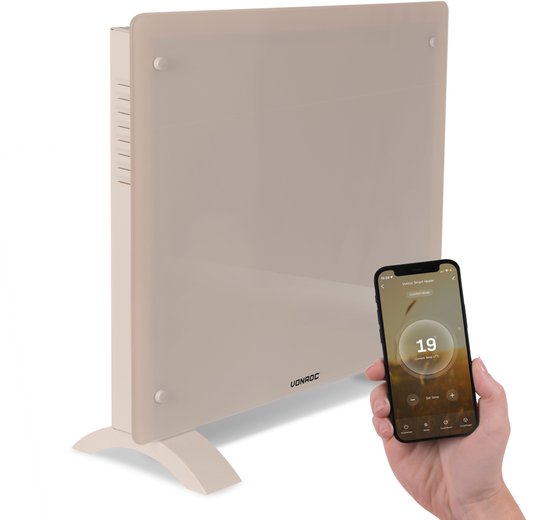 VONROC Chauffage électrique de luxe - Convecteur avec panneau en verre - 500W/1000W - Chauffe les pièces jusqu'à 12m2 - Contrôlé par l'application (via Wifi) et manuellement - Thermostat et minuterie réglables - Beige