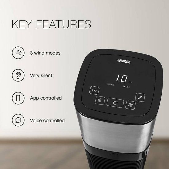 Ventilateurs - Princess 350000 - Ventilateur tour intelligent ; Noir ; Fonction minuterie ; Ventilateur ; Ventilateur intelligent ; Télécommande et contrôlable par application ; Refroidissement économe en énergie