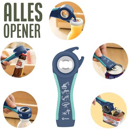 COOCK - Ouvre-tout - Ouvre-pot 7-en-1 - Aides de cuisine - Ouvre-bouteille - Ouvre-bière - Ouvre-couvercle XL pour bocaux - Ouvre-bocal - Aides pour les personnes âgées - Bleu
