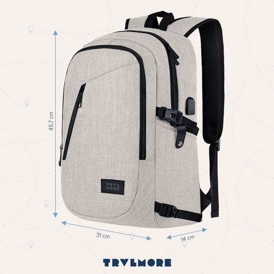 TRVLMORE Sac à dos - 25L - 15.6 Inch - Sac à dos pour ordinateur portable avec USB - Cartable - Homme et Femme - Sac Champagne