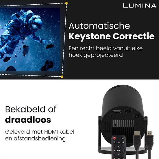 Lumina® Pro Mini Beamer 2026 - Projecteur intelligent Android 14 avec Google Playstore - Home cinéma - Pour iOS & Android - WiFi 6 & Bluetooth 5.4 - Noir