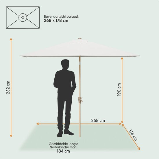 LifeGoods Parasol - Jardin - 270x180cm - 30° inclinable - Imperméable - UPF50+ - Revêtement en bois - Crème