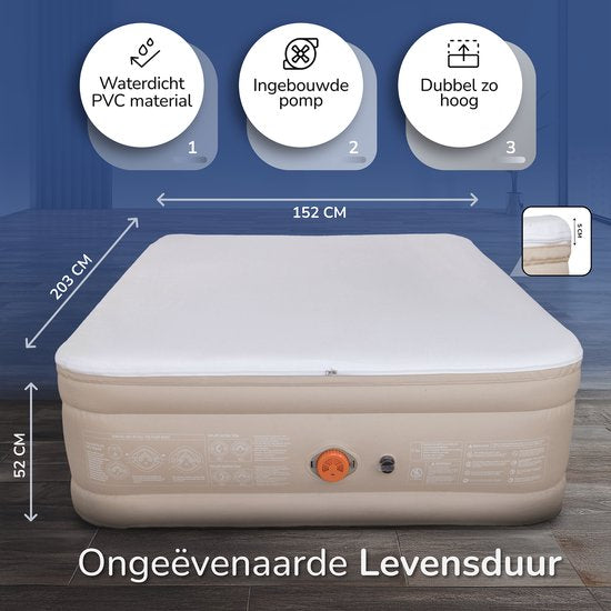 FLOAT CloudSpring - Lit gonflable 2 personnes avec surmatelas en mousse (5 cm) - Gonflage rapide en 3 minutes - 2 sacs de rangement, sac de transport et kit de réparation inclus - 203x152x46 cm - Matelas gonflable autogonflant pour 2 personnes - Pompe éle