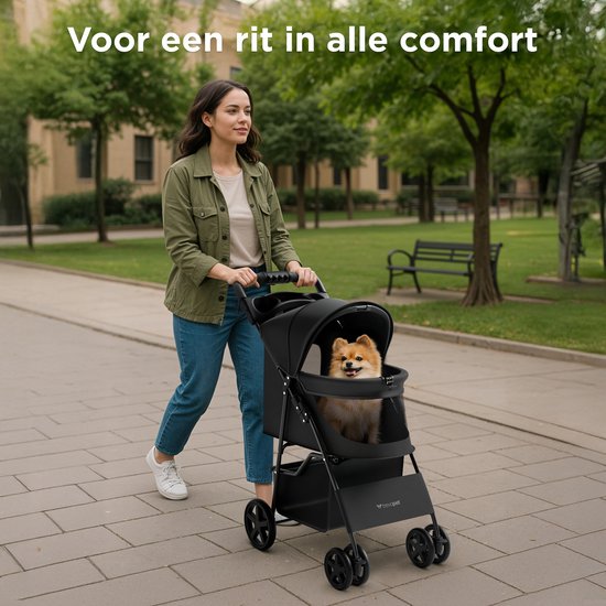 TrevoPet® Poussette pliable pour chien - Pour les petits et moyens chiens jusqu'à 15 kg - Poussette avec porte-gobelet et grand panier de rangement - Noir