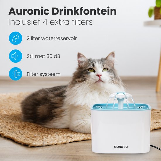 Abreuvoir Auronic - Fontaine à eau pour chien et chat - 2L - Abreuvoir pour animaux - 4 filtres inclus - Blanc