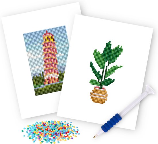 Rubye® Mini peintures de diamants - 2 pièces - Set - Adultes - Peinture de diamants pour enfants - Tour de Pise et plante d'intérieur - 15x20cm