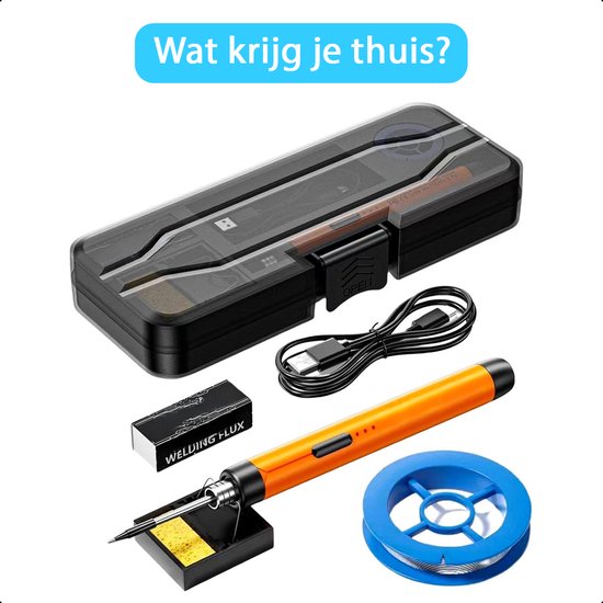 Tech Essentials Fer à souder sans fil - 8W - USB-C - avec étain - kit - soudure fine - stylo - batterie - set de soudure - souder - outil électrique - orange