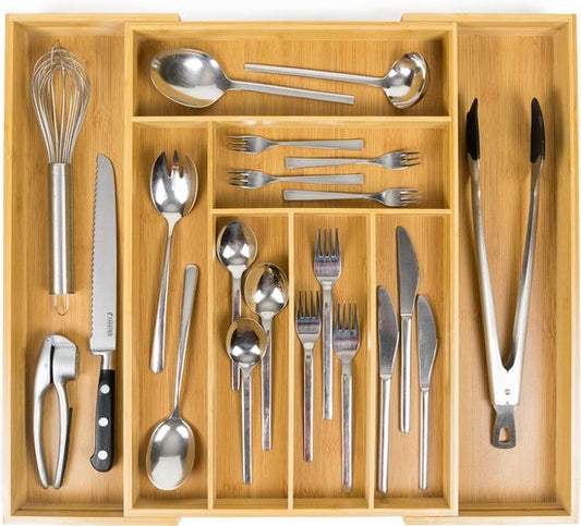 Budu Range-couverts extensible en bambou #50 (50 cm de profondeur) - Cassette à couverts en bois - Tiroir à couverts - 50 x 34.1 - 56 cm - 6/8 compartiments