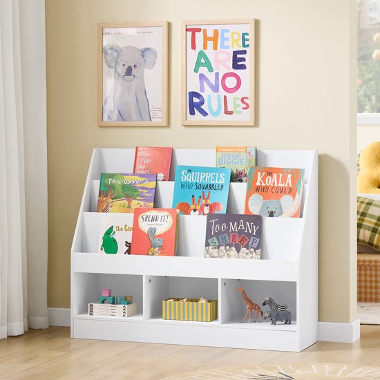SoBuy Montessori KMB118-W Bibliothèque pour enfants, étagère pour enfants avec 3 compartiments de rangement et rangement pour jouets, chambre d'enfant, étagère pour livres et rangement pour jouets, blanc, 100 x 80 x 30 cm