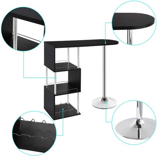 Rootz Table de bar - Support bistrot - Bureau haut - Table de service - Table de pub - Surface de repas - Station de divertissement - Noir - 113x40x105cm
