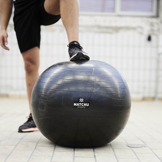 Matchu Sports - Ballon de fitness - Ballon de Pilates - Anti Burst - Ballon de grossesse - Ballon de gym - Ballon pour s'asseoir - Pompe incluse - Ø 85cm - Noir - 300 KG chargeable