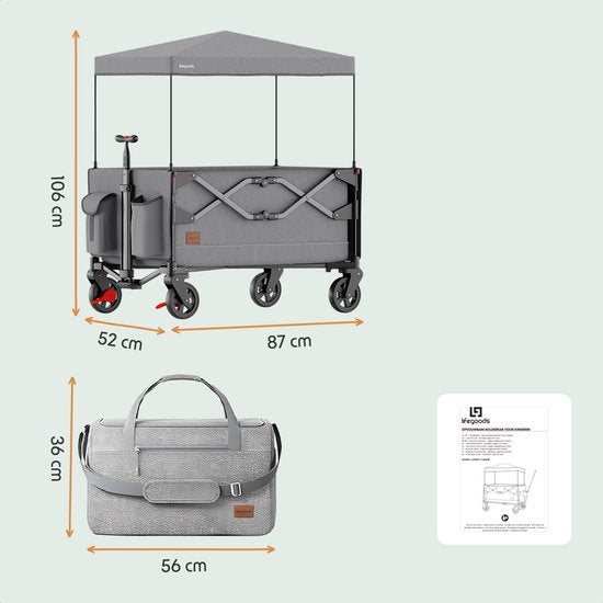 Chariot LifeGoods - pliable - transport d'enfants - avec toit - capacité de charge de 80 kg - chariot de plage - roues pivotantes - gris
