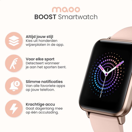 MAOO BOOST Smartwatch - protecteur d'écran inclus - étanche - Smartwatch femmes or rose - podomètre - montre - rose