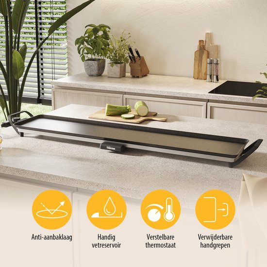 Tristar Grill Plate BP-2670- Gril de table XL : 100 x 23 cm - Pour l'intérieur et l'extérieur - Sans BPA - Gril gourmet pour la table - 10 à 12 personnes - Avec thermostat réglable - Revêtement antiadhésif - Noir
