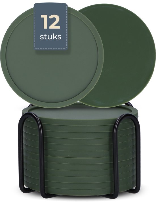Castagnola Sous-verres en silicone - Sous-verres pour verres - Sous-verres design avec support - Set de sous-verres - Antidérapant - Lot de 12 - Vert