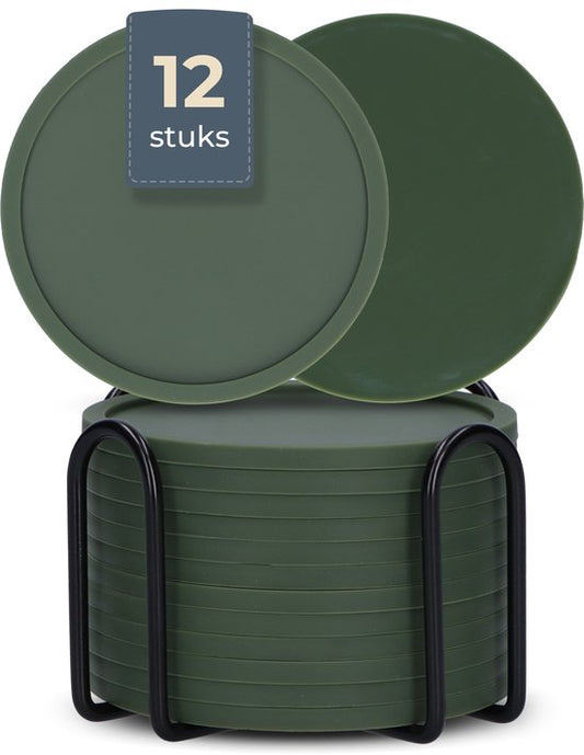 Castagnola Sous-verres en silicone - Sous-verres pour verres - Sous-verres design avec support - Set de sous-verres - Antidérapant - Lot de 12 - Vert