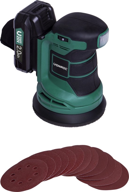 VONROC Ponceuse orbitale aléatoire - VPower 20V - Batterie 2.0Ah et chargeur inclus - Ø125mm - Avec sac à poussière et 12 morceaux de papier de verre