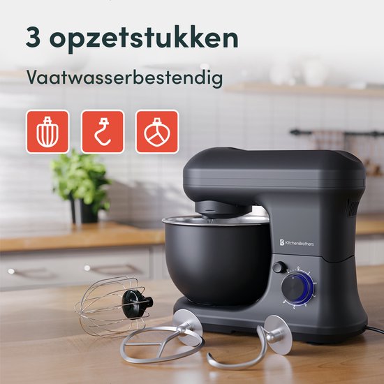 KitchenBrothers Robot de cuisine - Robot de cuisine - 5L - Batteur avec bol mélangeur - Batteur de cuisine - 1200W - Noir mat