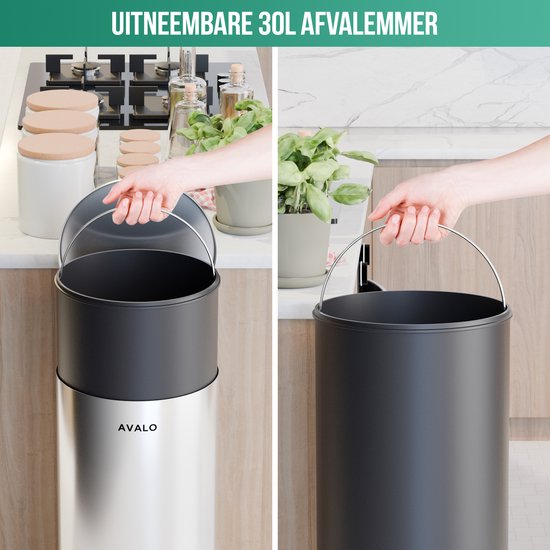 Avalo Pedal Bin Trash 30L - Stainless Steel Silver - Soft Close - Pedal Bin 30 Liter - Trash 30 Liter