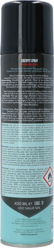 Valma Cockpitspray High Gloss 400 ml - Nettoyage de l'intérieur de la voiture - Anti-poussière - Convient pour le plastique et le cuir