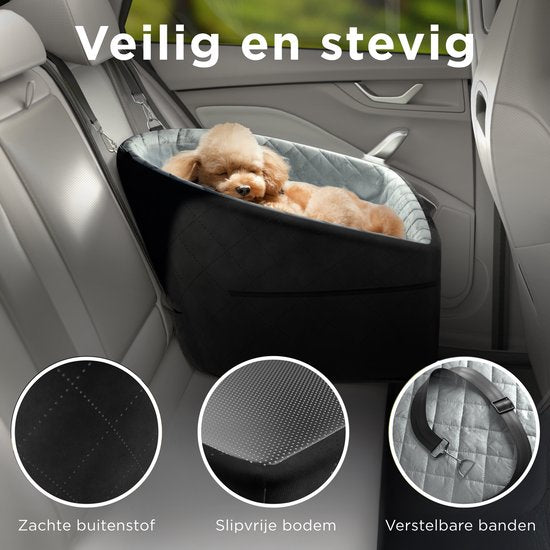 CozySense® Siège auto pour chien - Panier auto pour petit chien - Siège avant et arrière - Avec sangle de sécurité, compartiment de rangement et housse lavable - Noir/Gris