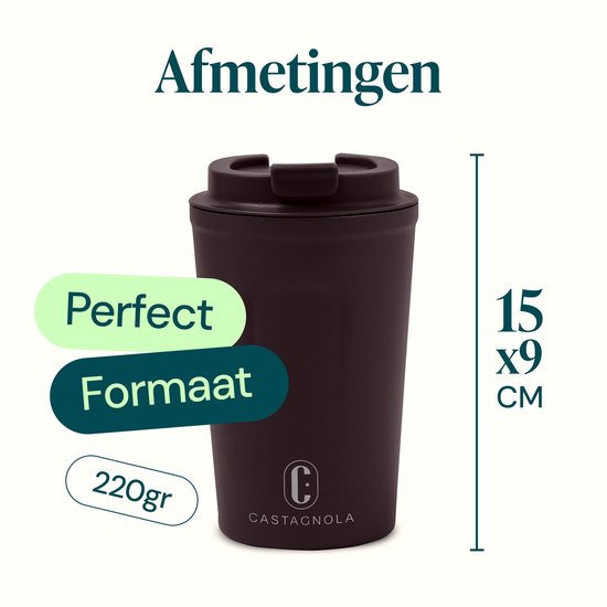 Mug thermos Castagnola - Tasse à café à emporter - Mug de voyage pour le café et le thé - Mug à thé - 380 ML - acier inoxydable - Marron foncé