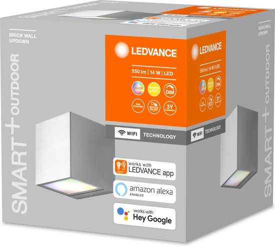 LEDVANCE Luminaire de jardin mince LED : pour mur, SMART+ BRICK MULTICOLOR / 14 W, 22-...24- V, Blanc chaud, 3- K, matériau du boîtier : aluminium/acier, IP44