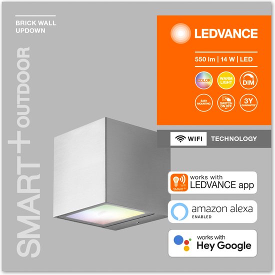 LEDVANCE Luminaire de jardin mince LED : pour mur, SMART+ BRICK MULTICOLOR / 14 W, 22-...24- V, Blanc chaud, 3- K, matériau du boîtier : aluminium/acier, IP44