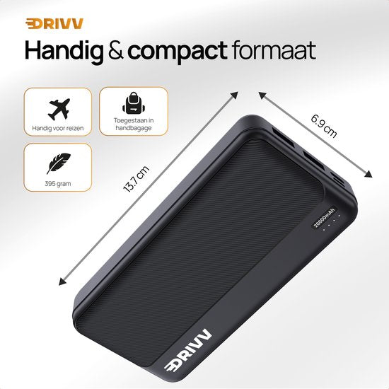Drivv. Powerbank 20 000 mAh - Câble de charge 100w inclus - Chargeur rapide 22,5W - Quick Charge USB 3.0 - USB C - Convient à iPhone, Samsung et autres