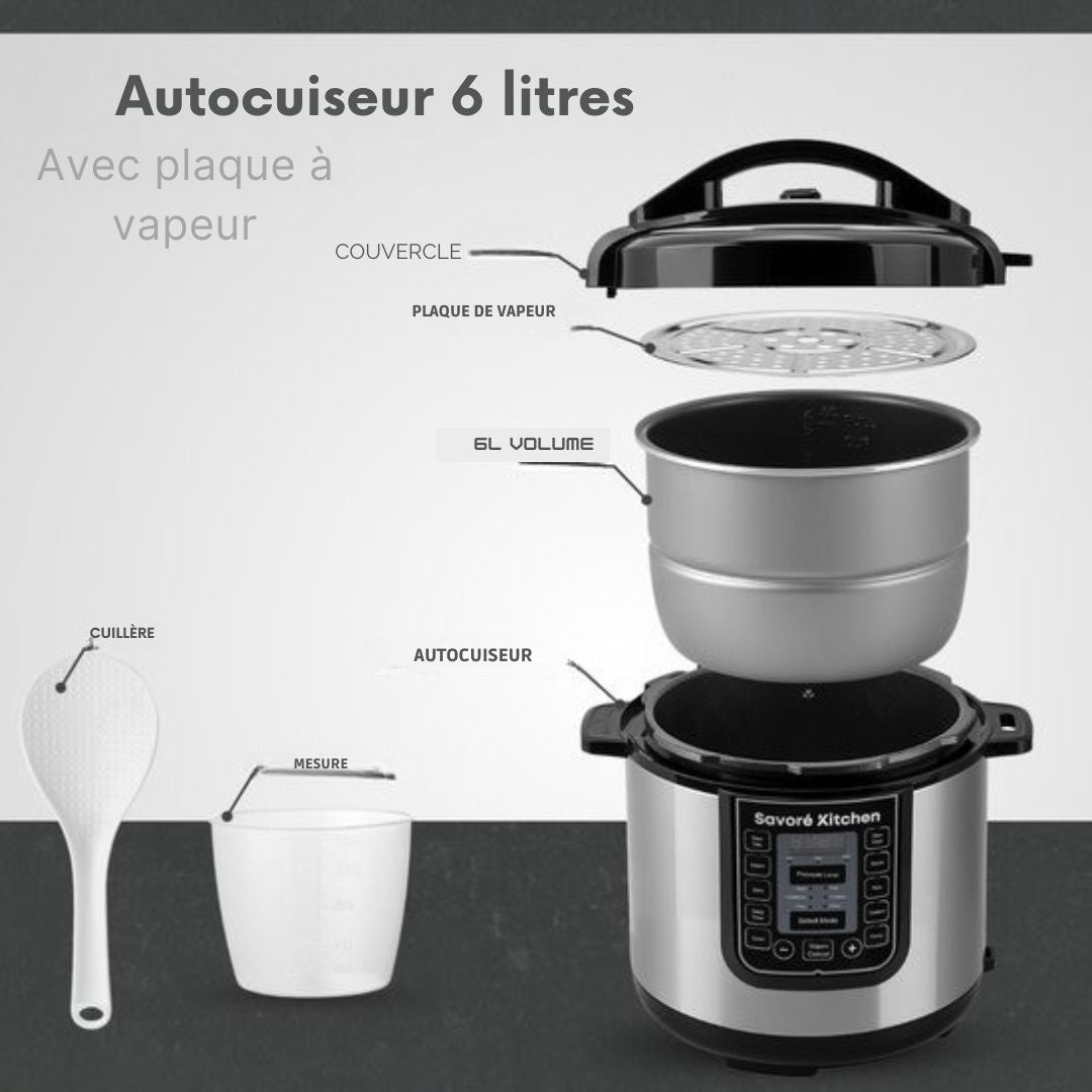 Autocuiseur Savoré Kitchen - 6L - Sans PFAS - Multicooker - couleur argent/noir