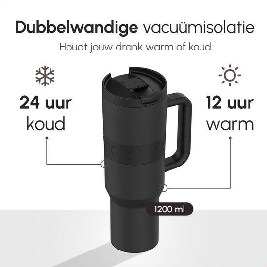 ONYX Bouteille à boire avec paille 1,2 litre - Bouteille d'eau pour enfants et adultes - Tasse thermos - Tasse de voyage - Buveur motivé - Tasse à boire pour l'école - Noir