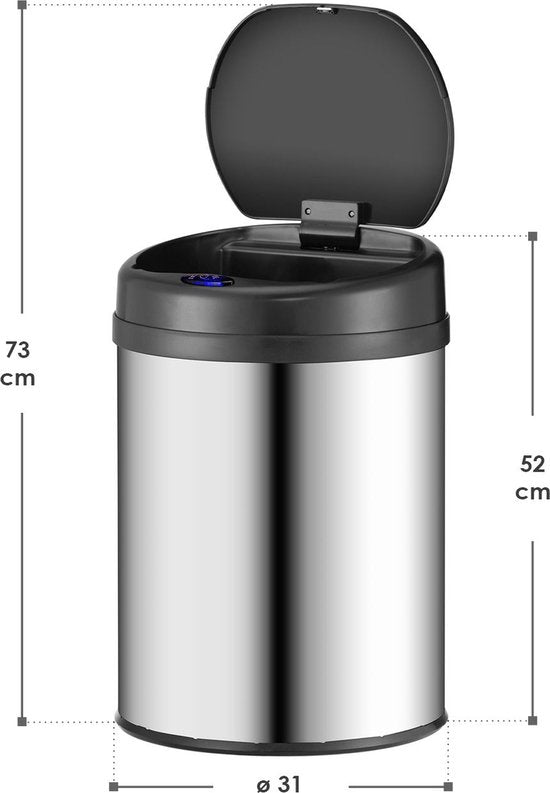 Poubelle automatique / Poubelle / Poubelle à détecteur - 30 litres - Argenté - Rond